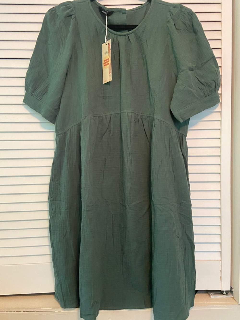 Dakotoo 100% Cotton Gauze Babydoll Dress Olive Green W/Pockets Woman’s XL